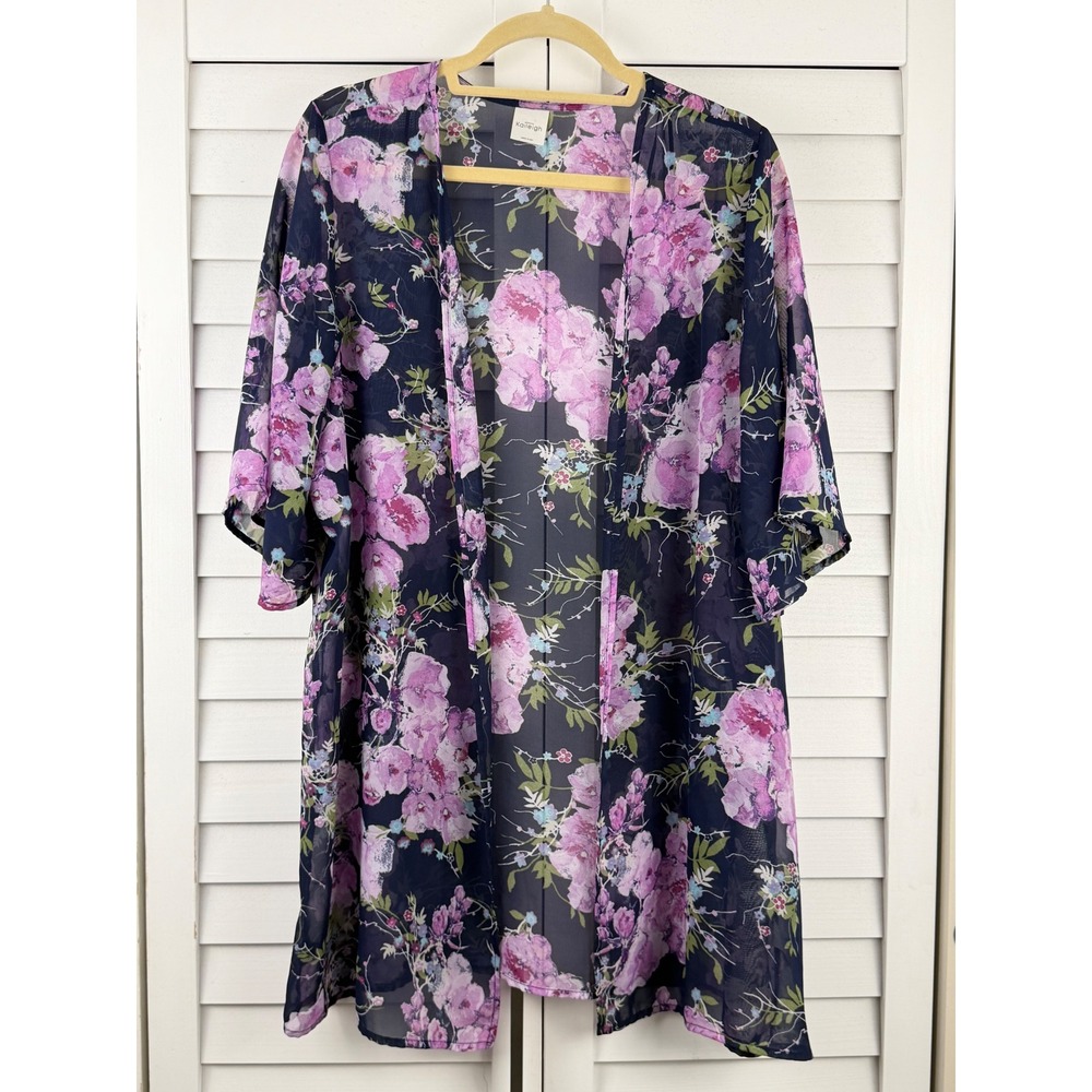 Kaileigh Kimono Cardigan‎ XL Navy Purple Floral Sheer Open Front Layering Piece
